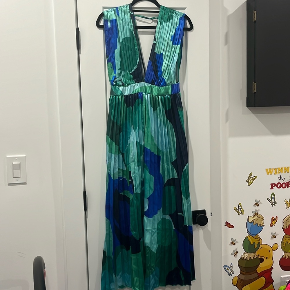 Bright blue, green and black silk dress